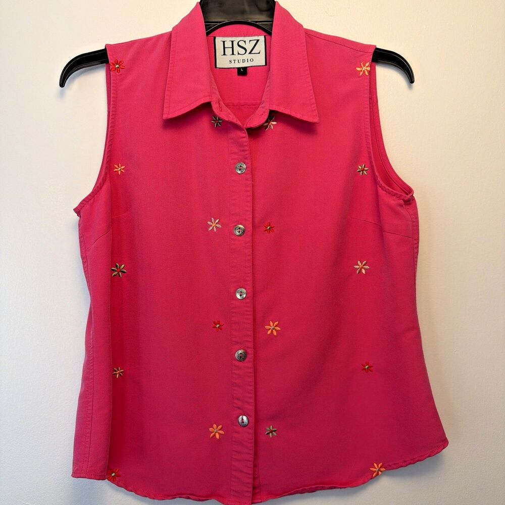 HSZ Studio Pink Sleeveless Blouse L Starburst Embroidered Y2K Indie Cottagecore